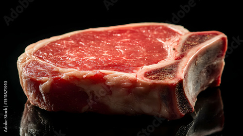 Enticing presentation of a raw pork chop revealing its intricate marbling and texture