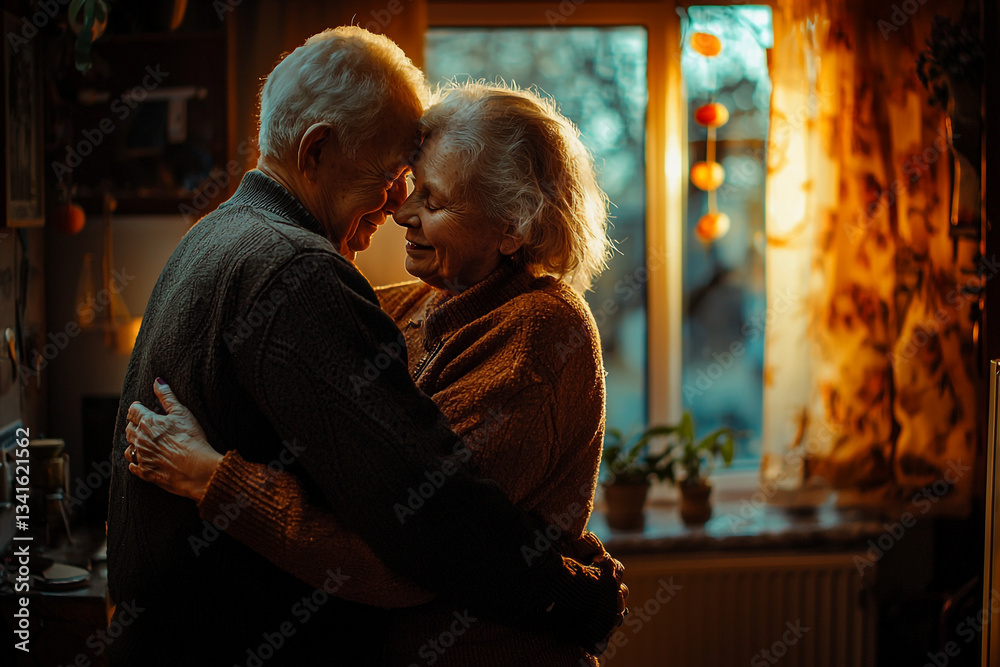 Elderly couple embracing warmly in a cozy room filled with soft light from a nearby window Elderly couple embracing warmly in a cozy room filled with soft light from a nearby window