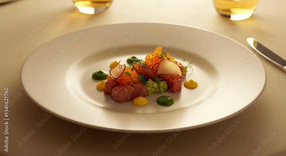 Exquisite seafood dish with salmon and caviar on elegant plate: Culinary artistry, gastronomic excellence for fine dining restaurant, healthy food presentation Exquisite seafood dish with salmon and caviar on elegant plate: Culinary artistry, gastronomic excellence for fine dining restaurant, healthy food presentation