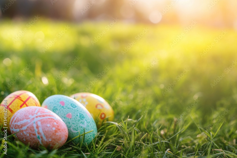 Fototapeta premium Easter eggs on grass with bright sunlight and negative space