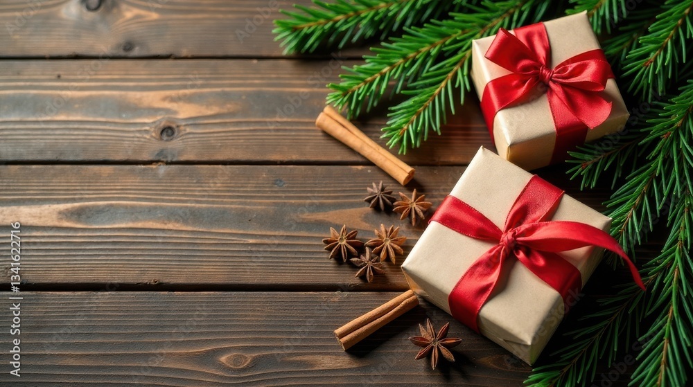 Festive Season Presents Decorated with Red Ribbons Resting on Rustic Wooden Surface Adorned with Evergreen Boughs and Aromatic Spices Festive Season Presents Decorated with Red Ribbons Resting on Rustic Wooden Surface Adorned with Evergreen Boughs and Aromatic Spices