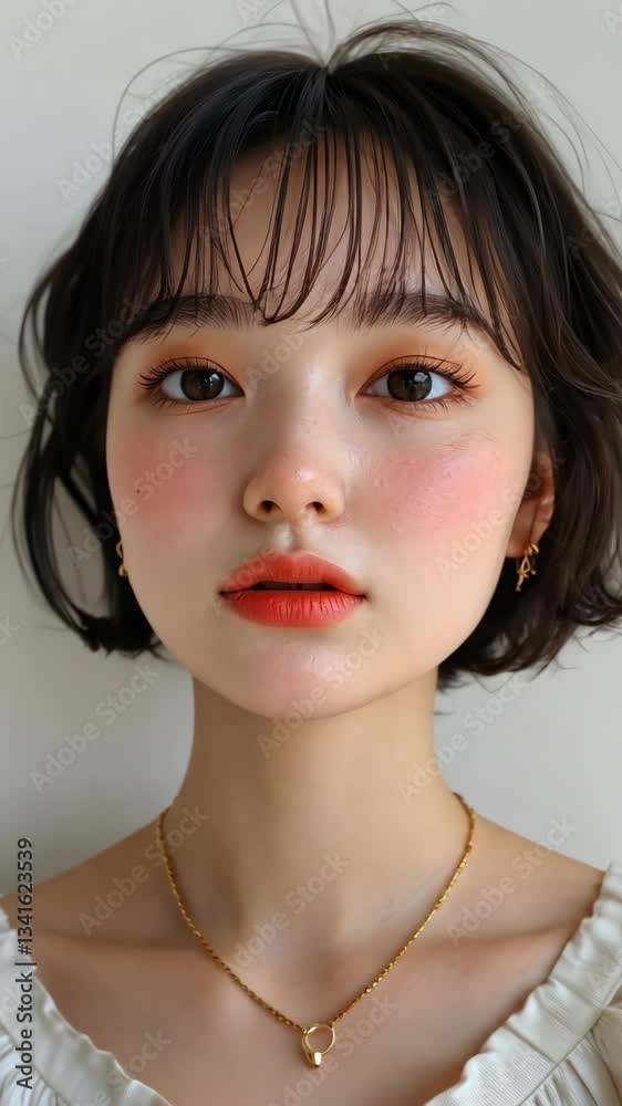 Model with short dark hair showing natural makeup look and accessories against light background