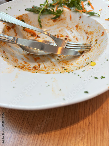 An empty plate with a knife and fork on it
