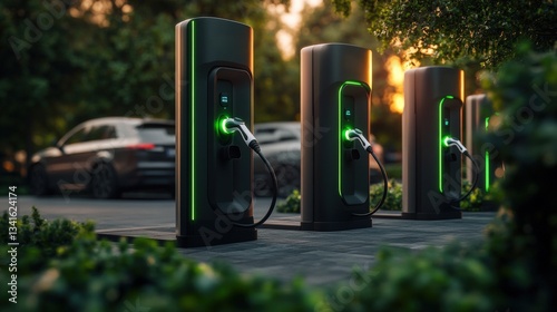 Three Modern Electric Vehicle Charging Stations in a Beautiful Green Landscape with One Cable Connected and Car Partially Parked Nearby