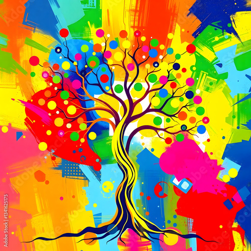 Wallpaper design a bright, vibrant tree of life illustration in abstract art style, creating a lively and energetic abstract background scene art illustration design