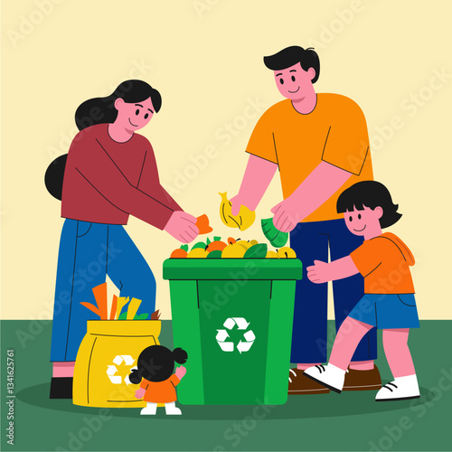 Families composting food waste, recycling, and filling donation bags. Flat design illustration.