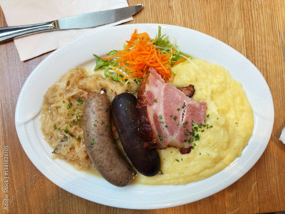A typical German specialty: a meat platter, schlachtplatte, with liver sausage, crackling, sauerkraut, belly and mashed potatoes.