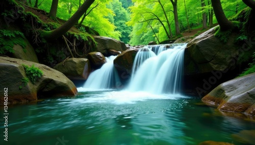 Emerald water cascades down rugged tree trunks,, creek waters, waterfalls