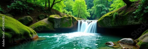 Emerald water cascades down rugged tree trunks, forest landscape, greenery, creek waters