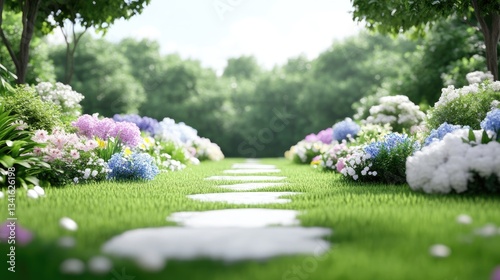 Fototapeta Naklejka Na Ścianę i Meble -  Lush garden path. Sunlight filters through trees