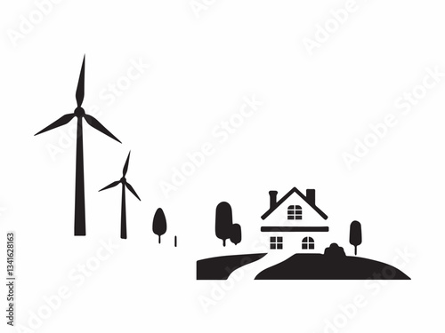 217 Wind turbines for ecological power supply. Eco friendly house. Windy tower. Wind Energy. Caring for nature. Ecology generator. Green nature. Red and Yellow