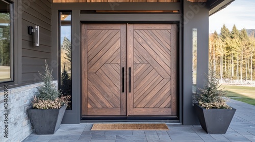 Elegant wooden double door design modern home entrance architectural feature scenic landscape front view contemporary style