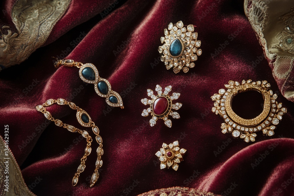 Obraz premium Jewelry on velvet cloth with studio lighting and space for text