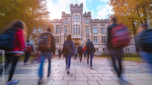 Blurred students walking towards a historic school building, surrounded by autumn foliage, creating a vibrant campus atmosphere.