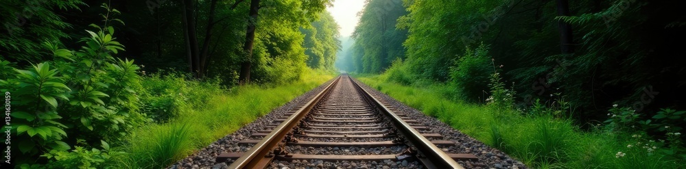 Long railway track disappears into the dense forest, railways, trees, nature Long railway track disappears into the dense forest, railways, trees, nature