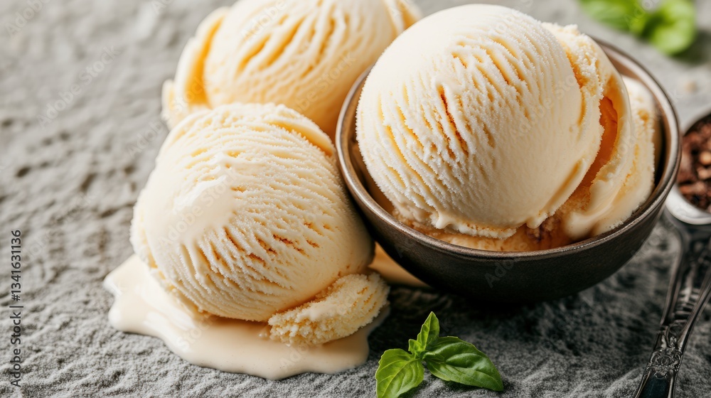 Three scoops of creamy vanilla ice cream beside a dark bowl with melted ice cream and basil garnish on a gray surface creating a delicious treat