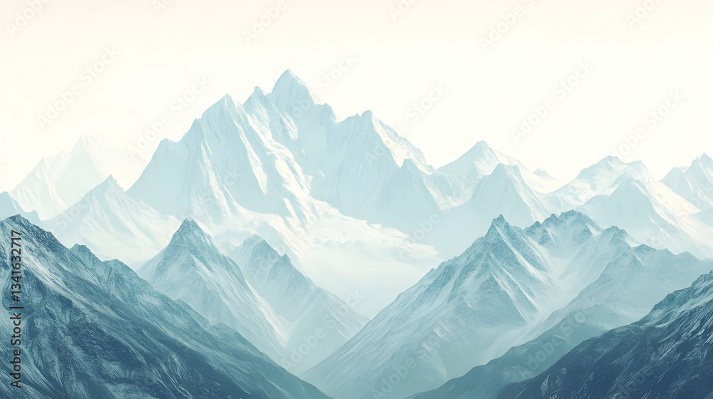 Fototapeta premium Cool-toned snowy mountain peaks with soft lighting, rendered in a minimal and ethereal style.