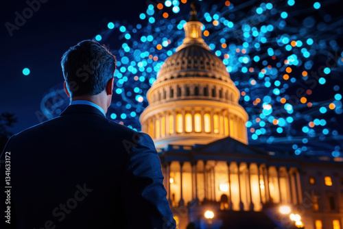 image depicts man suit standing front of prominent building illuminated night, with backdrop of