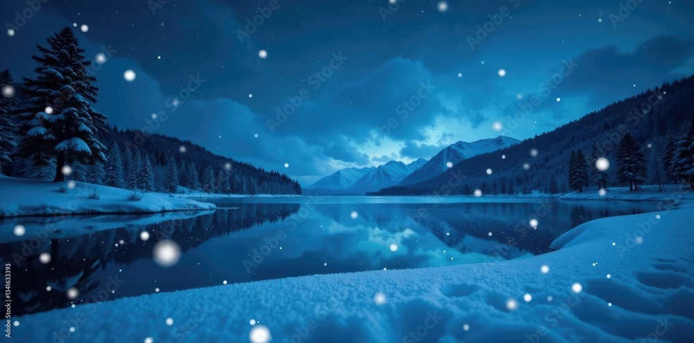 Fototapeta premium Snowflakes gently falling on a frozen lake under starry night sky, dark blue sky, snowfall,