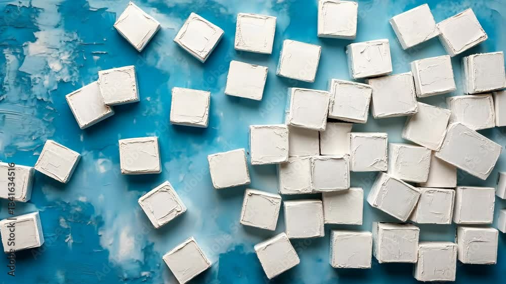 Cubes of white modeling paste scattered across a vibrant blue surface creating an artistic composition Cubes of white modeling paste scattered across a vibrant blue surface creating an artistic composition