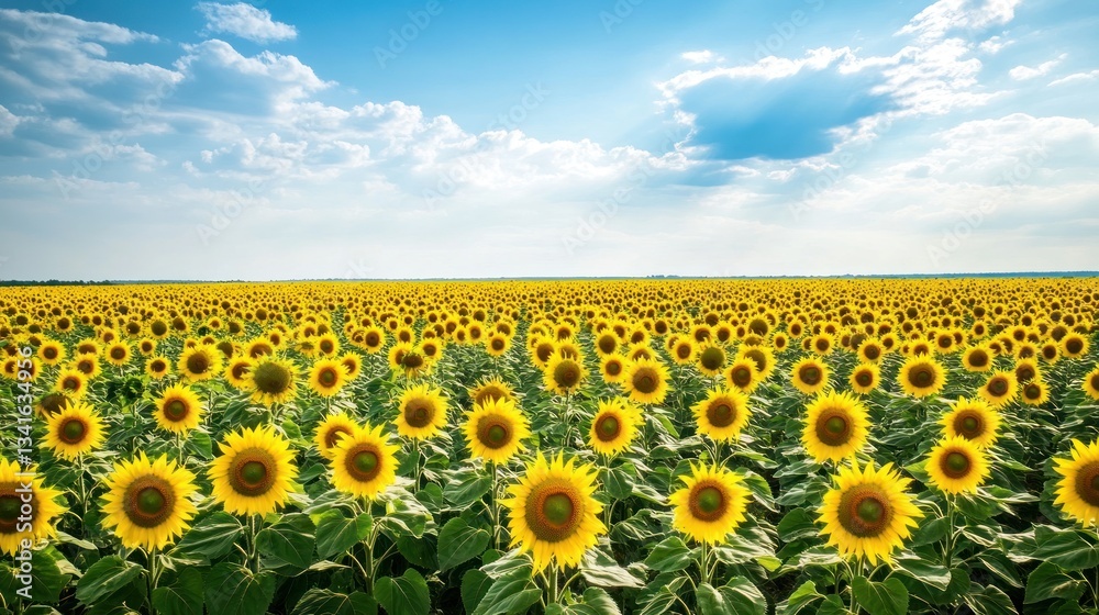 Fototapeta premium Scenic sunflower field under a blue sky with fluffy clouds on a sunny day