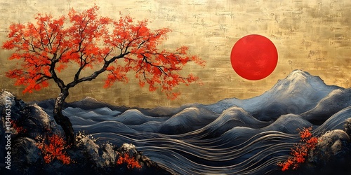 Zen Sunset: A serene landscape painting captures the essence of a tranquil sunrise, with a vibrant red sun setting over stylized mountains and waters, complemented by a red-leafed tree.