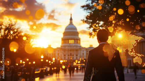 image captures silhouette of man suit standing front of prominent building during sunset