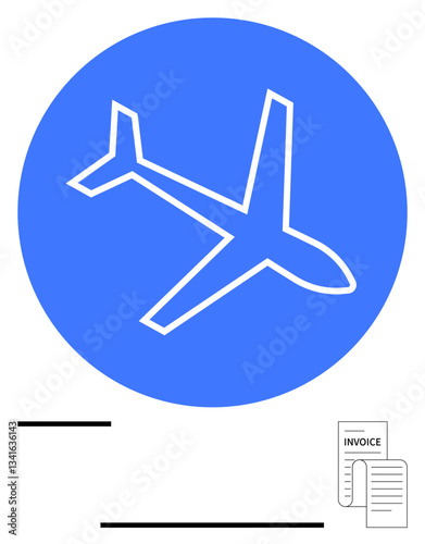 Airplane graphic within blue circle symbolizing travel overlaid near invoice papers, highlighting cost management. Ideal for budget planning, travel policies, aviation industry, expenses, accounting