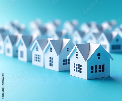 Suburban Dream: A Row of Miniature Houses on a Light Blue Background