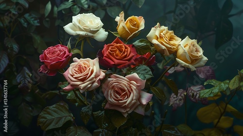 A Beautiful Bouquet of Roses in Various Shades, Capturing the Delicate Beauty and Elegance of Nature's Most Iconic Flower, Radiating Warmth and Color Against a Lush Green Backdrop