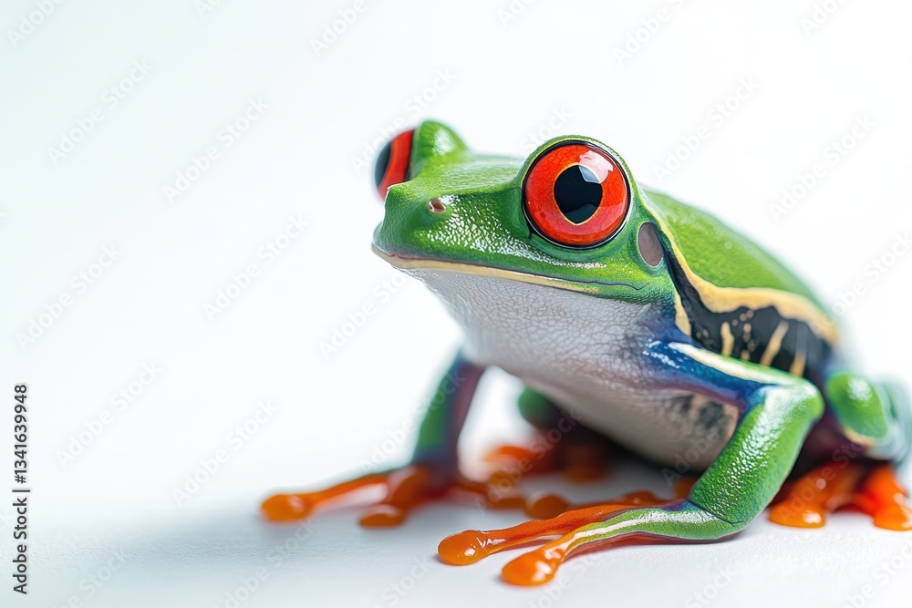 Fototapeta premium Close-up of a vibrant red-eyed tree frog on a white surface with orange droplets, showcasing its vivid colors