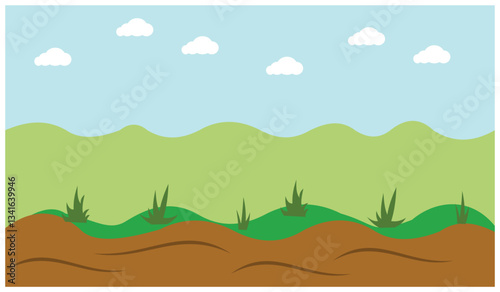 sugar cane field with blue sky. flat style illustration hills with fertile and beautiful fields. Design elements illustration of beautiful natural scenery