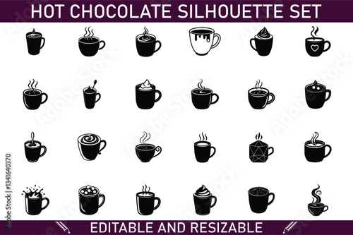 Hot Chocolate Silhouette Set Editable, Resizable Drink Icons