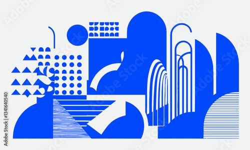 Modern vector-style illustration abstract geometric shapes monochromatic blue color, easily editable.