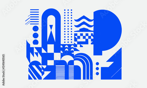 Modern vector-style illustration abstract geometric shapes monochromatic blue color, easily editable.