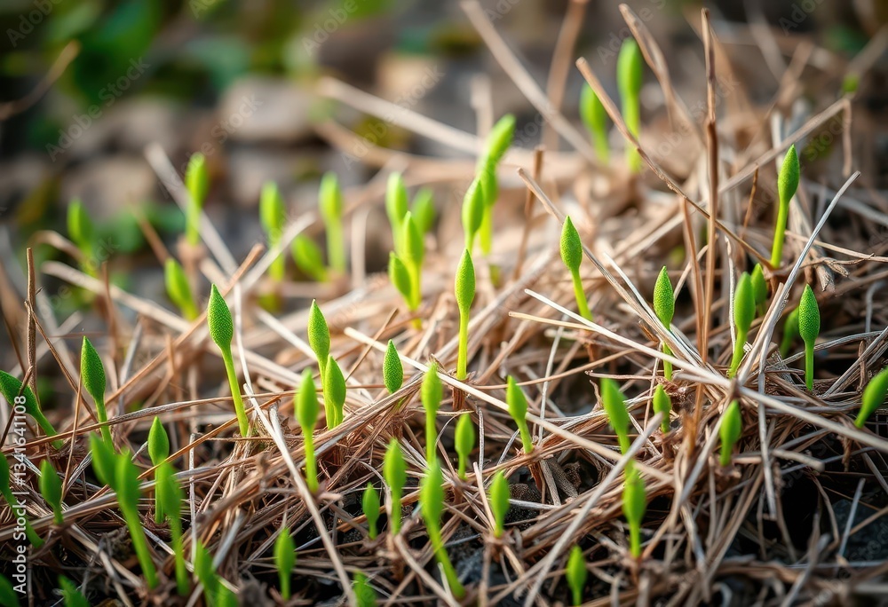 Vibrant green shoots contrast sharply with brittle, brown dry grass, yellow, sun Vibrant green shoots contrast sharply with brittle, brown dry grass, yellow, sun