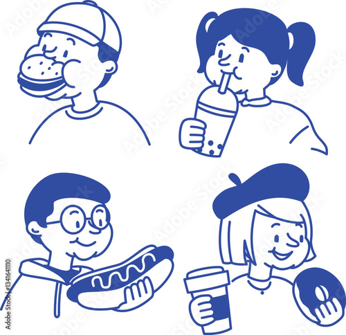 A set of playful cartoon character illustrations enjoying fast food and drinks