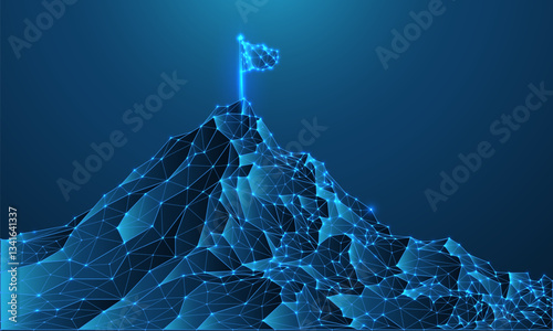 A polygonal mountain landscape with a luminous flag at its peak, symbolizing achievement and innovation. Glowing blue lines form a futuristic network of connected triangles.