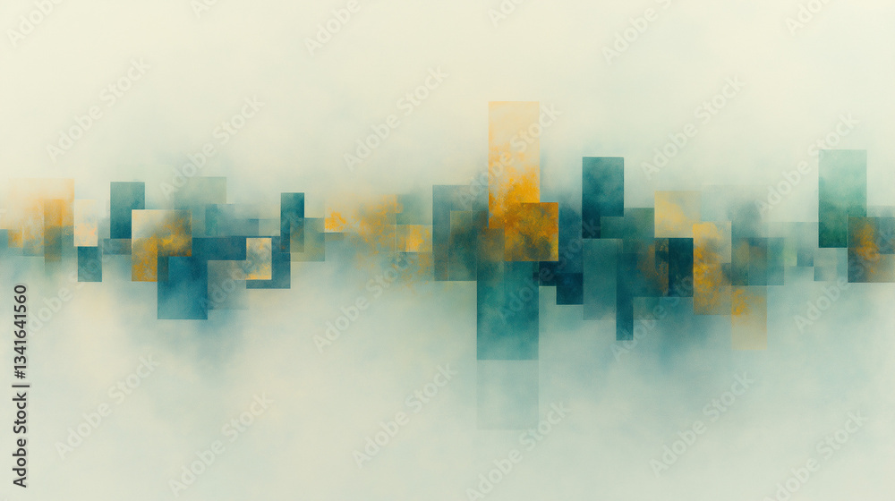 Fototapeta premium Cityscape Abstraction: An abstract representation of a cityscape, featuring overlapping rectangles and squares in shades of blue and gold, creating a modern and artistic impression.