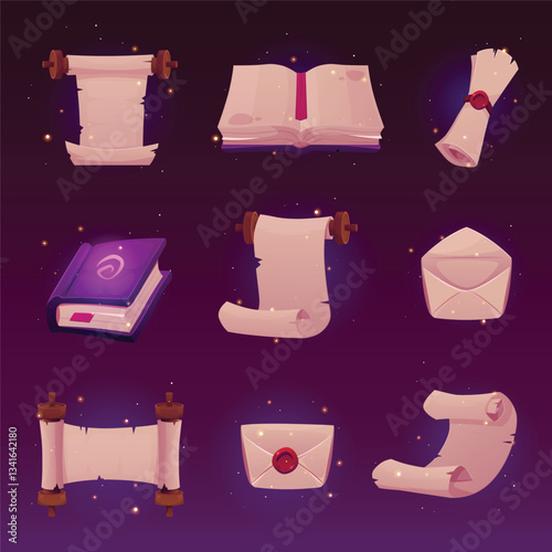 Ancient parchment roll, old paper blank scroll on wooden hub, envelope and magic book vector flat icons set, game asset