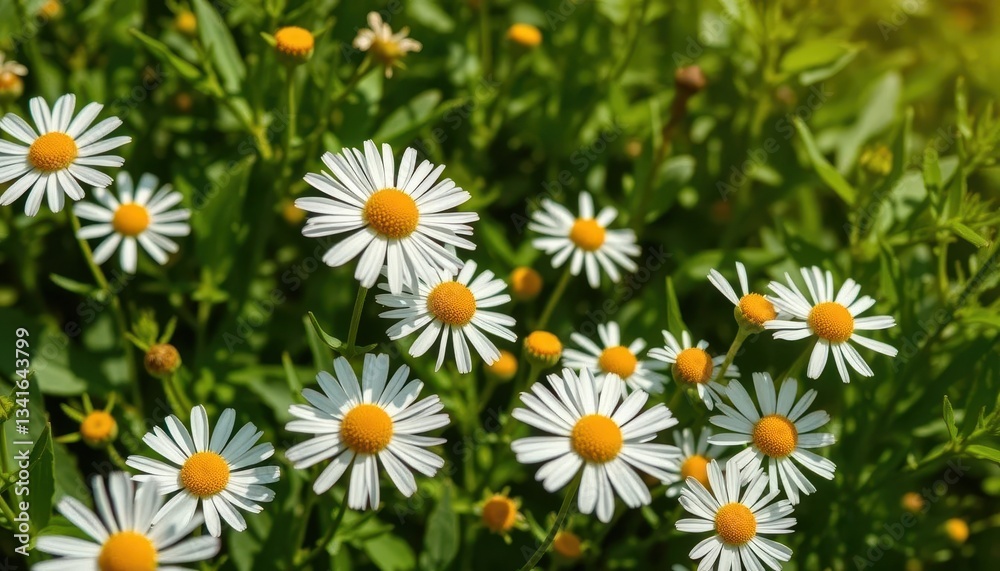 Fototapeta premium Delicate chamomile flowers and lush green leaves, sunlit, flowers, meadow