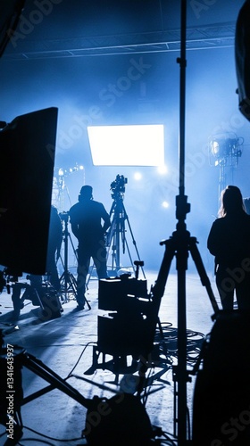 Behind-the-scenes glimpse of a professional film or photography production, silhouetted crew members preparing equipment in a moody blue-tinted studio environment