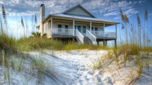 Fototapeta Naklejka Na Ścianę i Meble -  A charming beach house with dunes and sea oats in the foreground.