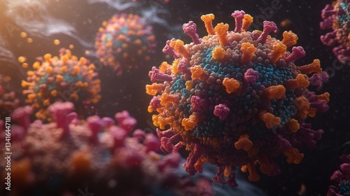 Coronavirus illustration against a dark background, with virus cells and molecular structures in focus. Concept of pandemic, global health crisis, and viral disease spread