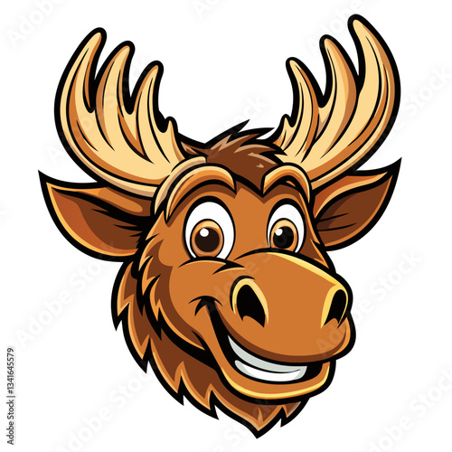 a cartoon image of a moose with large antlers and a friendly expression. It features a detailed design with a brown coat vector illustration