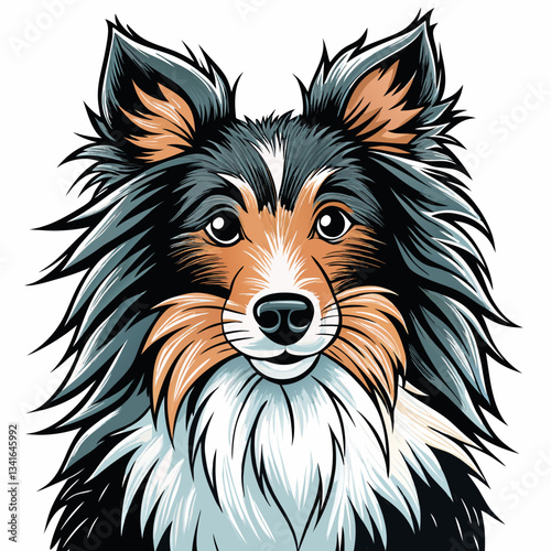 a close-up portrait of a lovely shetland sheepdog looking friendly vector illustration