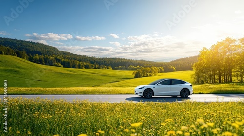 A white electric vehicle cruising on a scenic road through vibrant green and yellow fields with rolling hills and forest backdrop under sunny sky