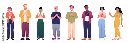 Illustration of happy characters, men and women, clapping hands and giving thumbs up.