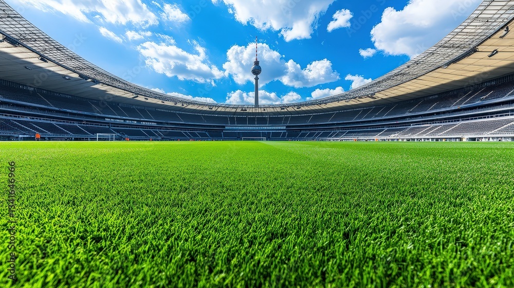 Fototapeta premium A vibrant football stadium with a lush green field under a bright blue sky and scattered clouds, showcasing a grand and inviting atmosphere for sports events.