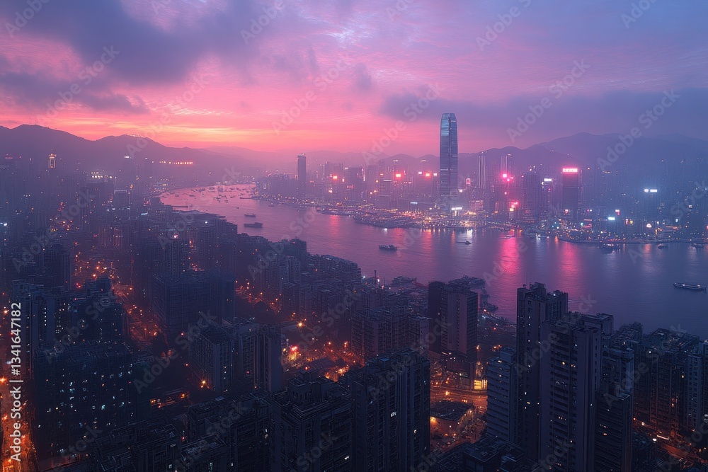 Fototapeta premium Hong Kong Skyline Sunrise Cityscape Aerial View